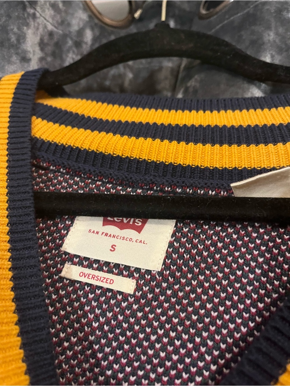 Levi's V-Neck Argyle Sweater in Navy, Green & Red with Yellow Trim - Picture 2 of 3